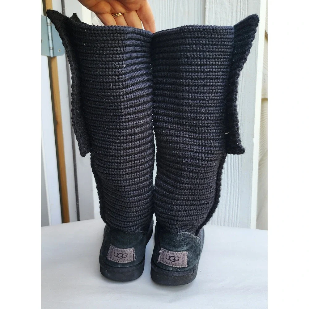 UGG Sz 7 Black Knit Cardy Tall Preppy Y2K Boots Button Fold Over Sheepskin Lined